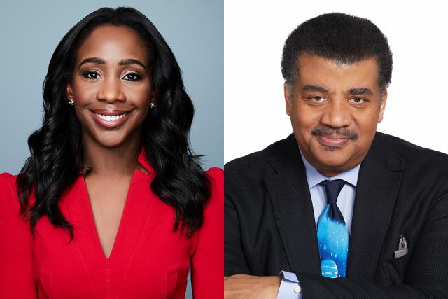 News anchor Abby Phillip, on the left, and astrophysicist Neil deGrasse Tyson, on the right, in a composite photo.