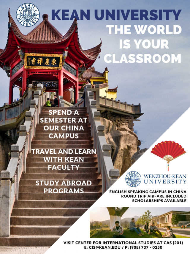 A flyer that showcases various study abroad experiences available to Kean University students including information about our WKU campus