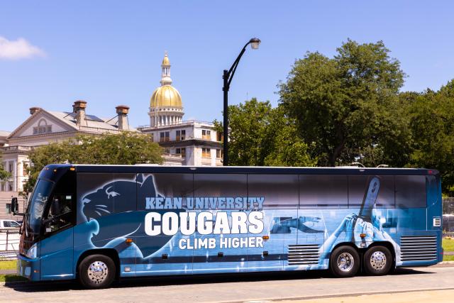 The Kean Cougar bus pictured in front of the State House in  Trenton