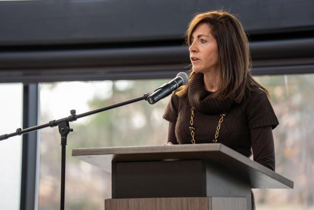 NJ First Lady Tammy Murphy speaks at the podium at the kickoff event