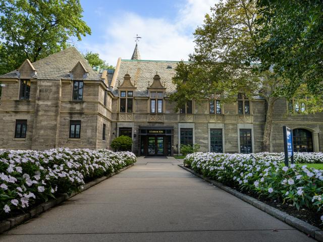 Kean Hall front entrance with flowers