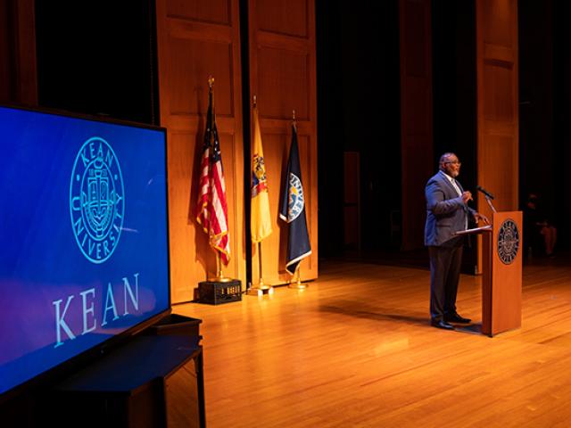 Kean President Lamont O. Repollet, Ed.D., delivers his Opening Day Address.