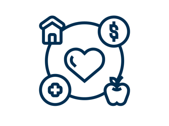 A circle surrounding a heart that connects symbols for housing, health, nutrition and finance. 