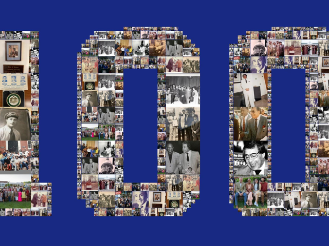 A graphic image of the number 100, within each numeral are multiple photos of John S. Watson Sr.