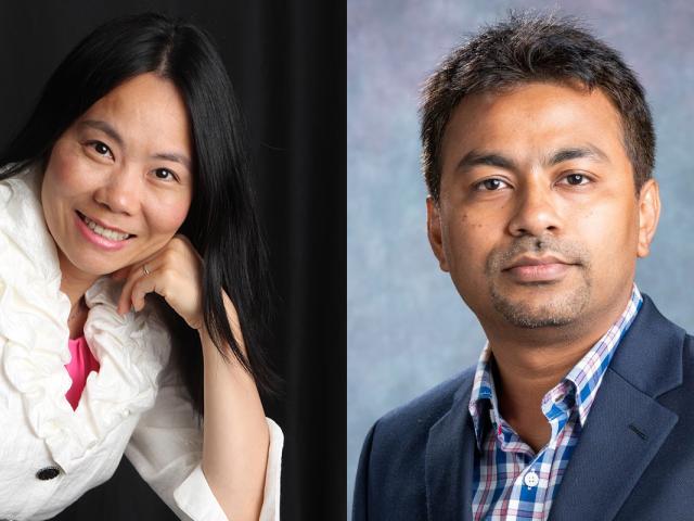 A composite photo, with the headshot of Jennifer Chen on the left and the headshot of Supratik Kar on the right.