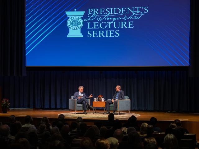 Former Senator Al Franken and Kean's John Wooten converse onstage during the Distinguished Lecture