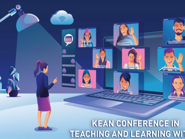 A colorful blue and purple graphic features people on screens, for the Kean Conference on Teaching and learning with AI