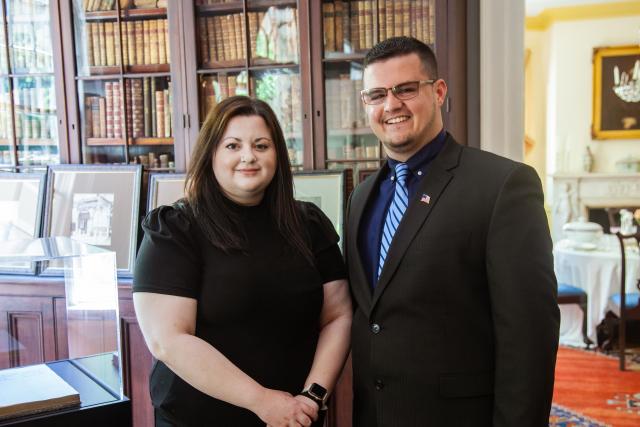 Kean University students Nicole Skalenko and Victor Bretones pose at Liberty Hall Museum