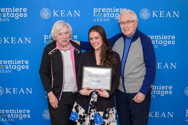 Kean alumna Emily Conklin received the Bauer Boucher Award. She is pictured with Nancy Boucher and W. John Bauer.