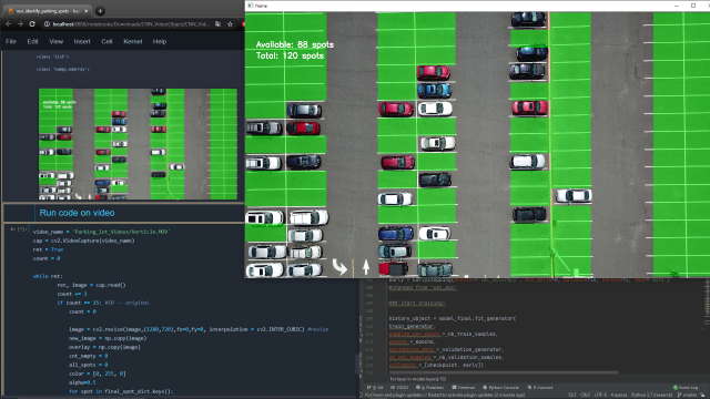 A computer screen with code and an aerial view of Kean's parking lot.