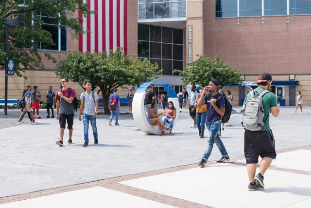 Miron Student Center patio with students