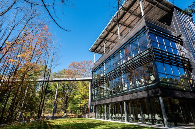 A long bridge leading into a wooden building with glass windows as wall on a grass field on a sunny day.