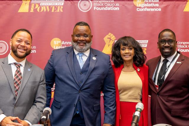 Kean President Repollet with other panelists and the moderator for a Congressional Black Caucus panel.