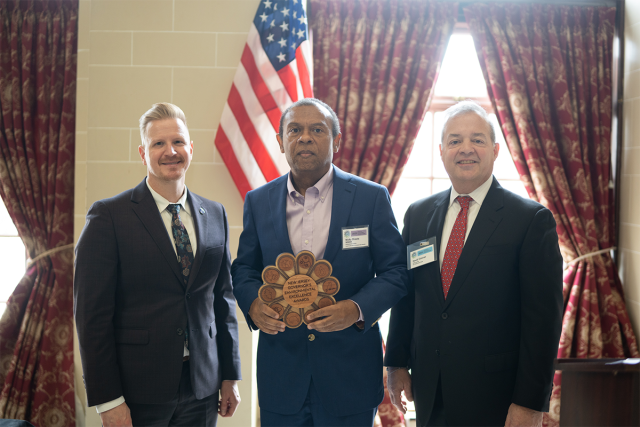 DEP Commissioner Shawn M. LaTourette, Kean University's Nicky Sheats and David Zimmer, Executive Director of the New Jersey Infrastructure Bank