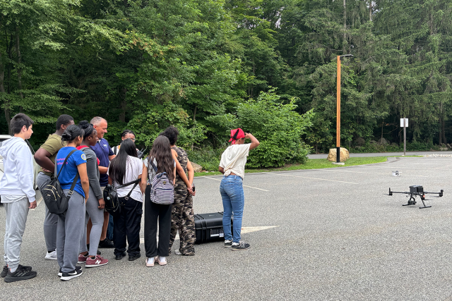 Kean Scholar Academy s6udents learn about drones during a visit to Skylands