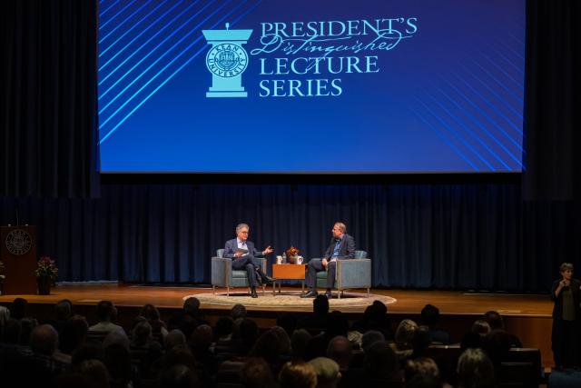 Former Senator Al Franken and Kean's John Wooten converse onstage during the Distinguished Lecture