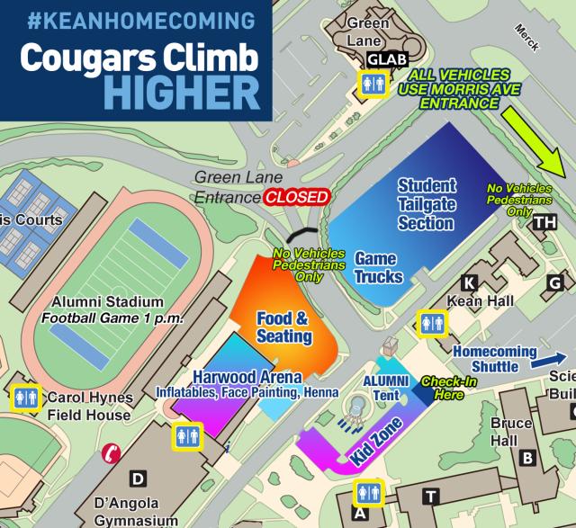 Kean Homecoming map with list of activities, such as, Kid Zone, Tailgating and Carnival games.