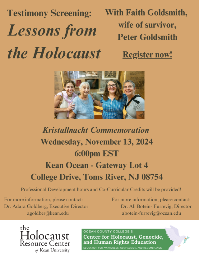 Flyer for Wednesday, November 13, 2024 November Pogrom/Kristallnacht Commemoration at Kean Ocean