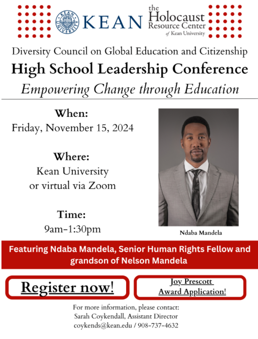 Flyer, reads "Diversity Council on Global Education and Citizenship High School Leadership Conference: Empowering Change through Education." Features picture of Ndaba Mandela