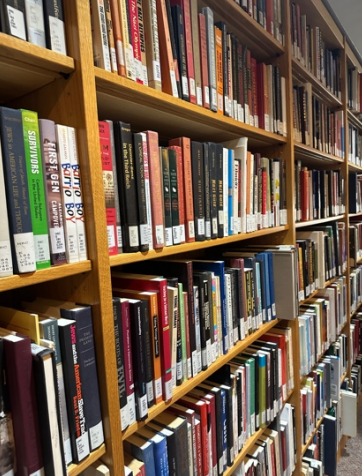 Photo of bookshelves at the Holocaust Resource Center