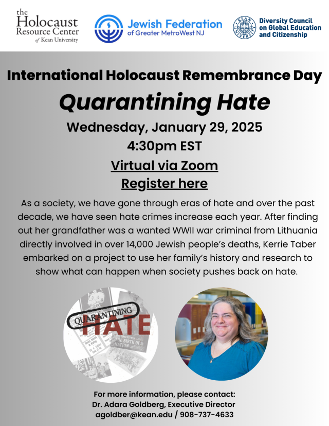 Flyer for International Holocaust Remembrance Day: Quarantining Hate, with grey background and information about the event