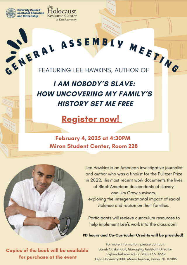 Flyer for Diversity Council General Assembly Meeting featuring Lee Hawkins, with yellow background and images of books