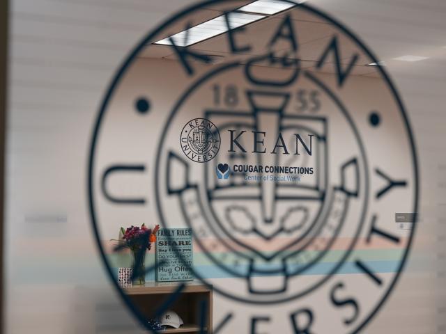 The door to Kean's new Cougar Connections Center for Social Work is pictured