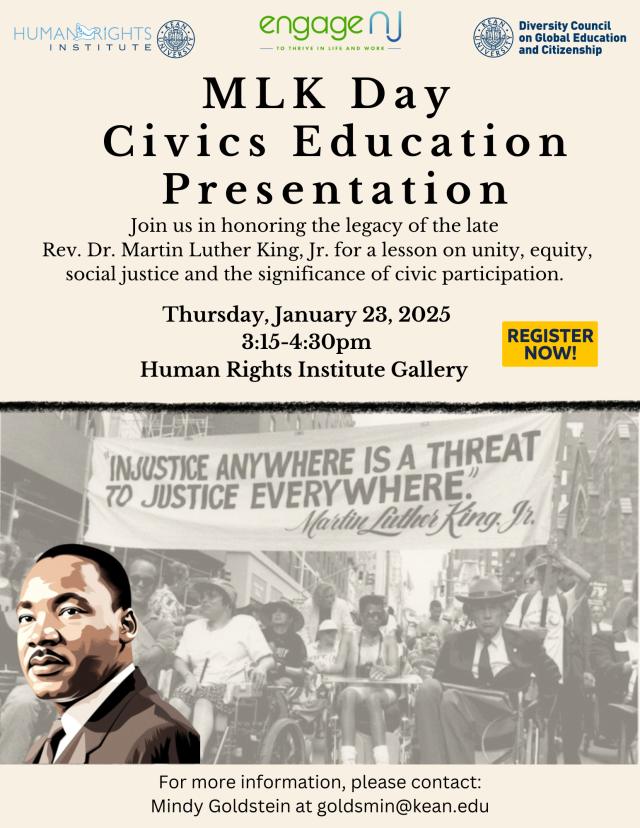 Flyer for MLK Day Civics Education Presentation, featuring clipart of Martin Luther King, Jr. and black-and-white protest photograph 