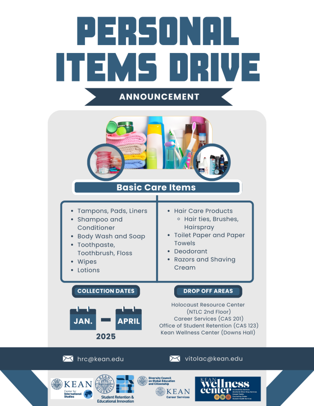 Announcement for Personal Items Drive, includes list of basic care items along with pictures of them, logos of participating centers along the bottom