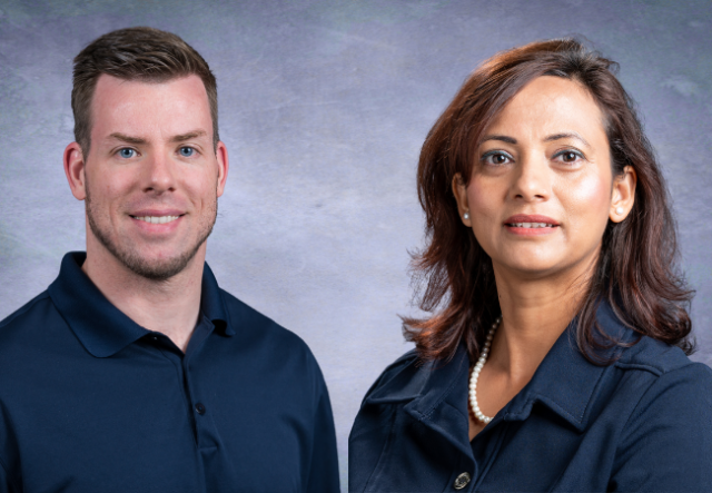 Side-by-side headshots of a smiling white male and an Indian female, both wearing blue; blue-gray background.