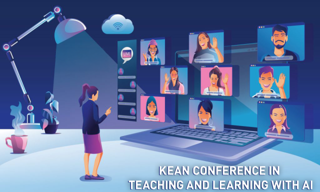 A colorful blue and purple graphic features people on screens, for the Kean Conference on Teaching and learning with AI