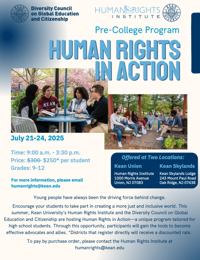 Flyer for Pre-College Program: Human Rights in Action with blue and white background and photos of students talking outside