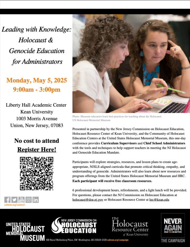 Flyer for Looking with Knowledge: Holocaust & Genocide Education for Administration, includes photo of administrators talking