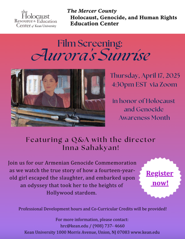 Flyer for film screening of Aurora's Sunrise, on pink and purple background