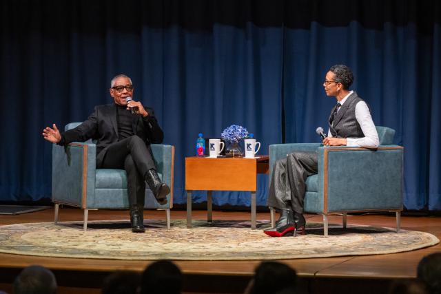 Actor Giancarlo Esposito shares the stage with moderator Darlene Repollet, Kean's first lady